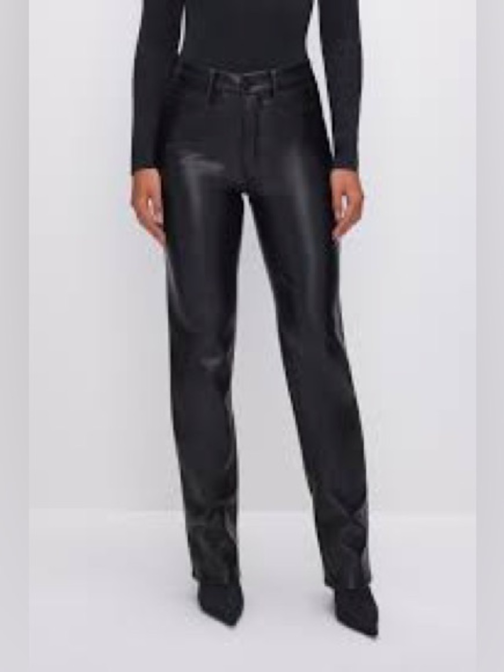 Good American Black Slim Straight Faux Leather Jeans with Side Slits - Picture 2 of 5